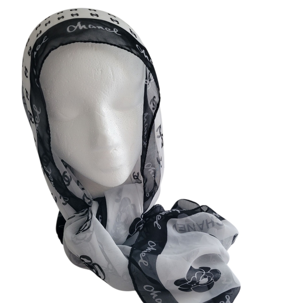 Vintage Chanel Black and White 100% Silk Scarf Long Rectangular RARE 59 x 20 - Picture 2 of 16